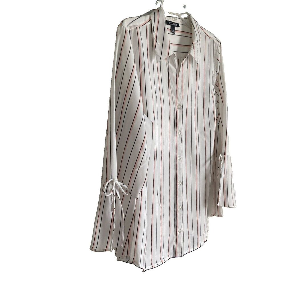 Roz & Ali Top XL Striped White Pink Flared Sleeves Lightweight Button Front - Picture 5 of 14